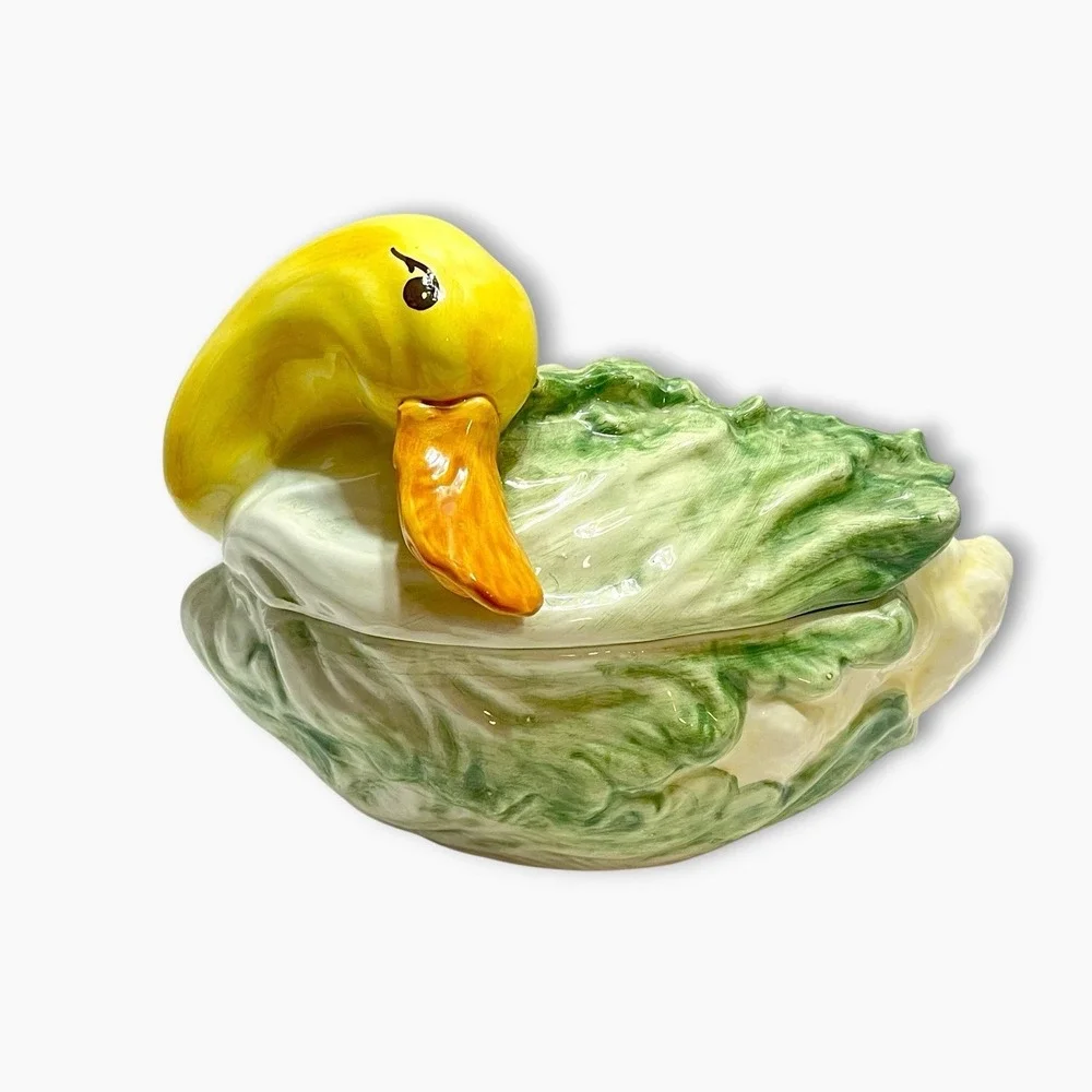 Vintage Italian Majolica Duck Goose Cabbage Cauliflower Tureen Lid Spoon